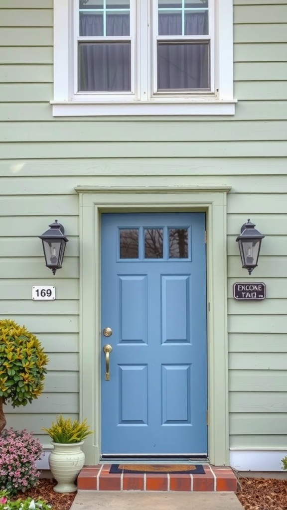 A sage green house with a periwinkle blue front door and decorative plants.