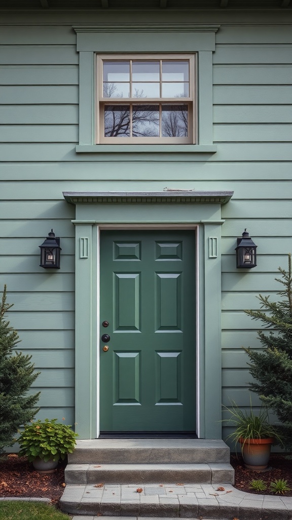 A sage green house with a pine green front door and decorative plants.