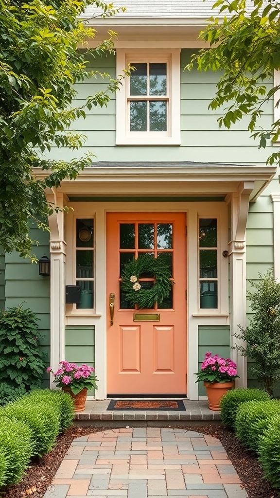 A sage green house with a radiant peach front door, surrounded by greenery and flowers.