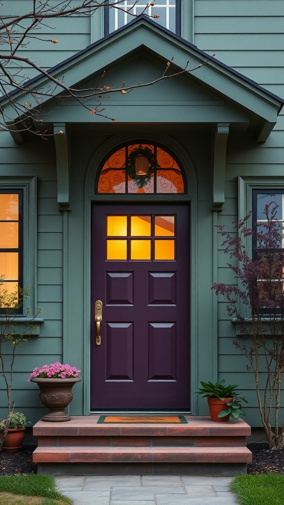 A sage green house with a rich plum front door and flower pots on the steps.