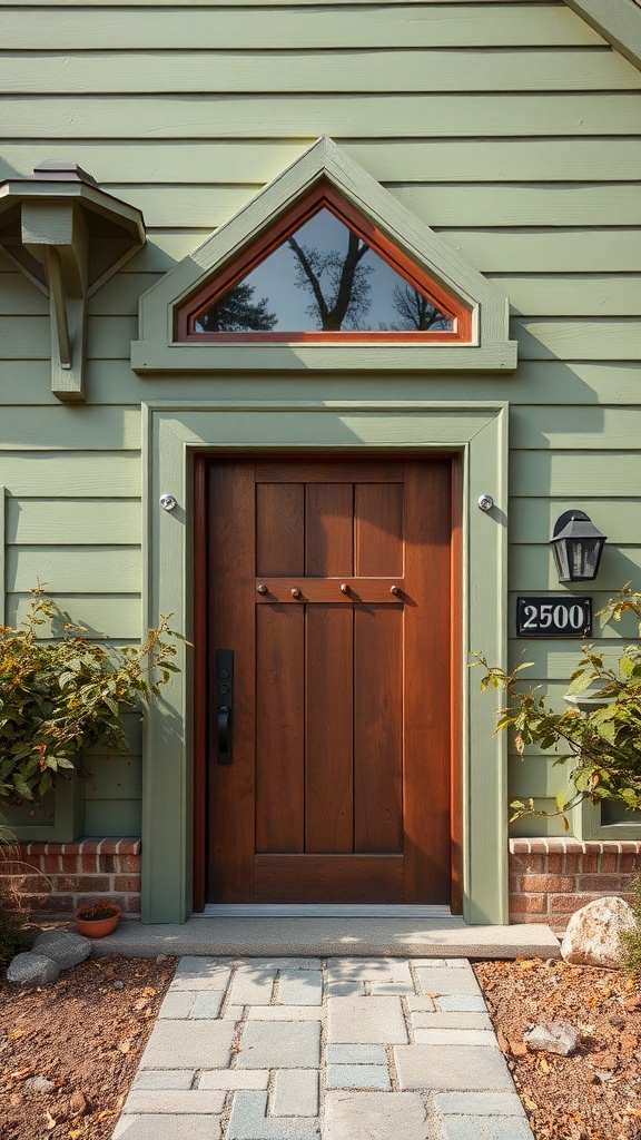 A rustic copper front door on a sage green house, showcasing a warm and inviting entrance.