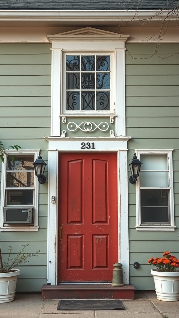 A sage green house with a rusty red front door and potted plants.