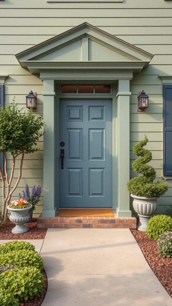 A sage green house with a slate blue front door and beautiful landscaping.