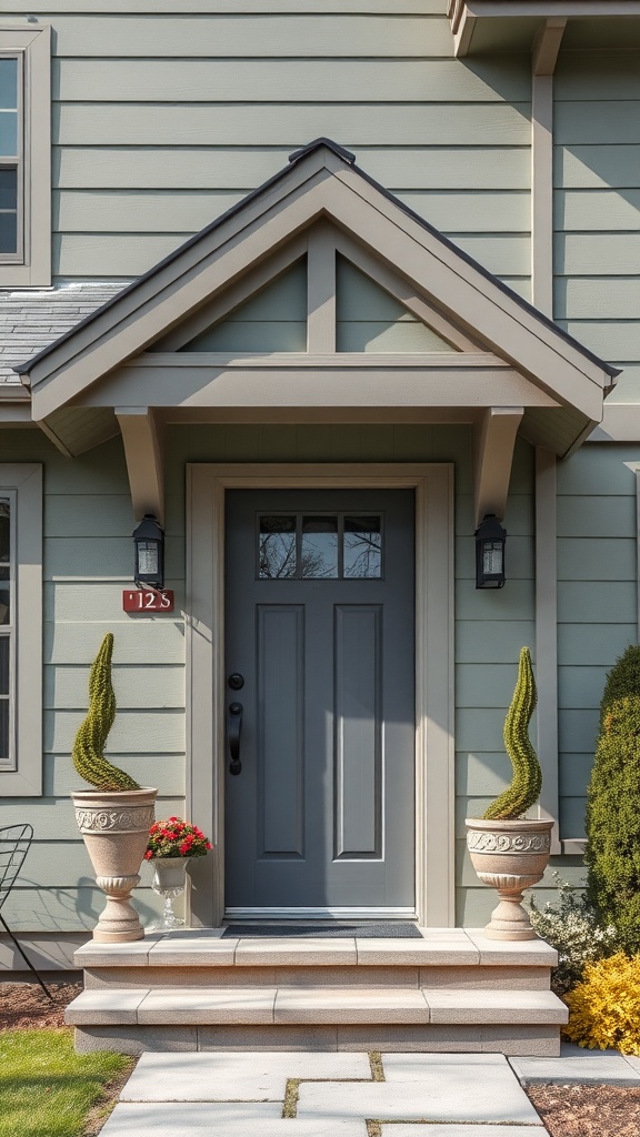 A sage green house with a slate gray front door and elegant planters.