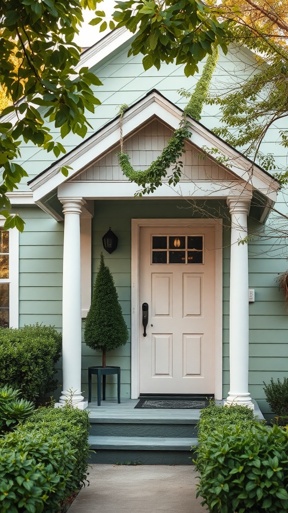 Front door of a sage green house with blush pink accents