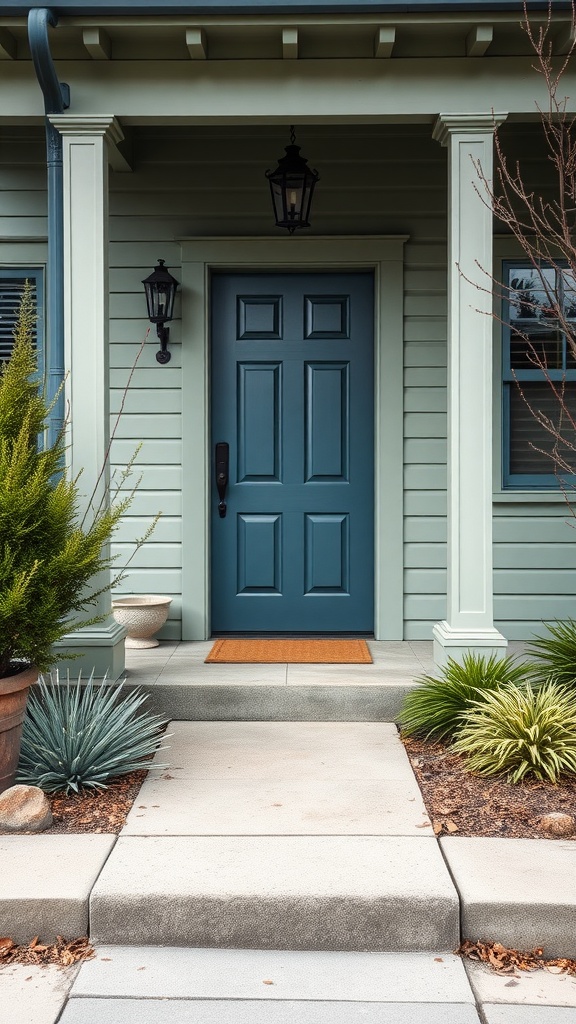 A sage green house with a steel blue front door and surrounding landscaping.