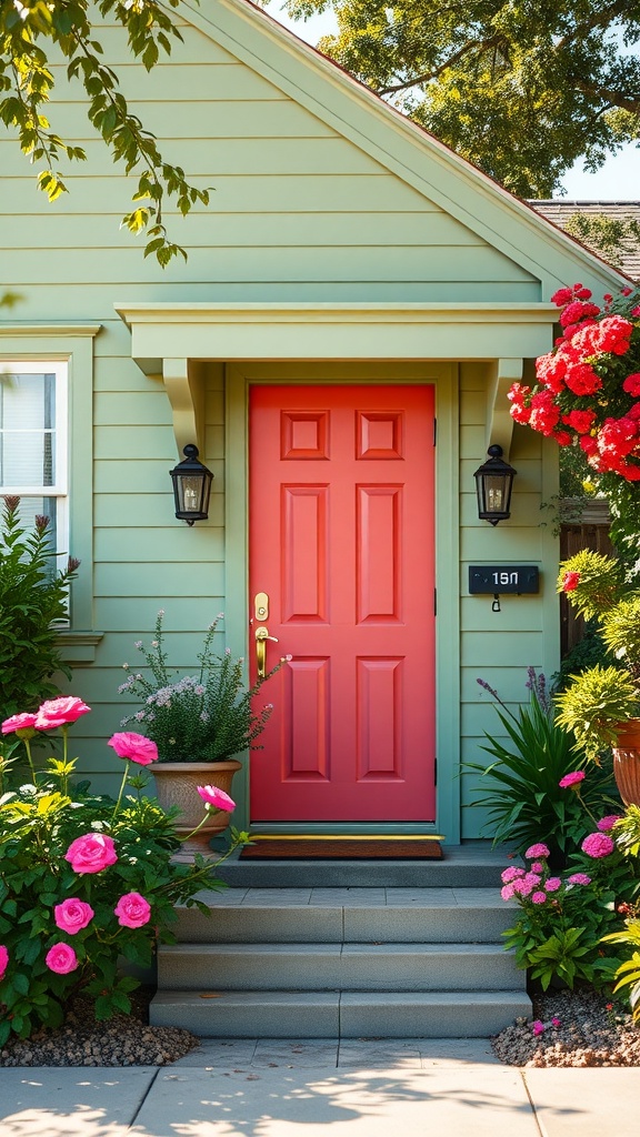 A sage green house with a bright coral front door surrounded by vibrant flowers.