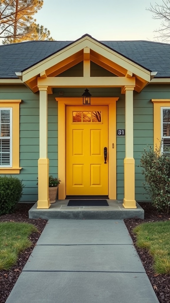 A sage green house with a bright yellow front door and matching trim.