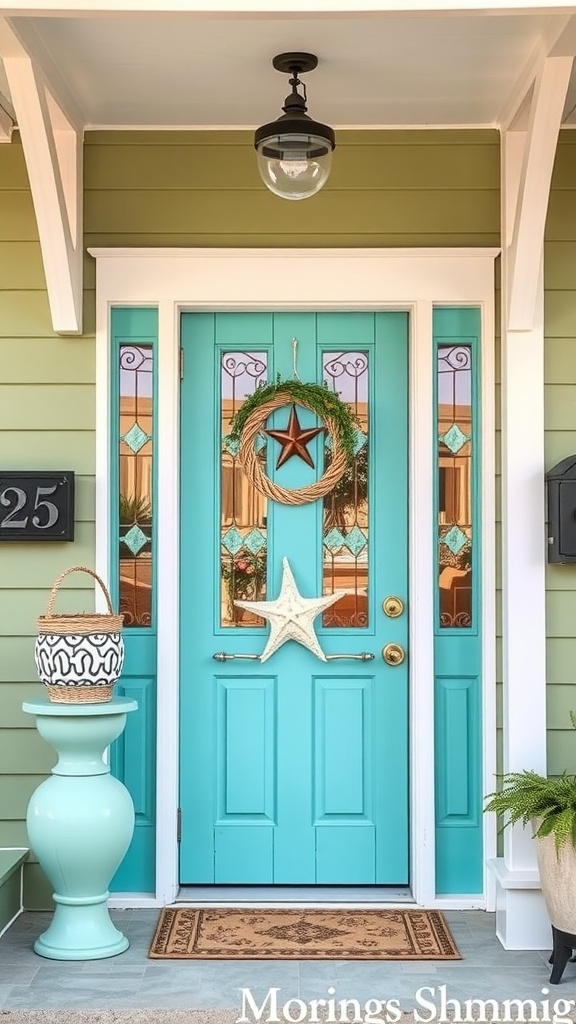 A turquoise blue front door with decorative elements, set against a sage green house.