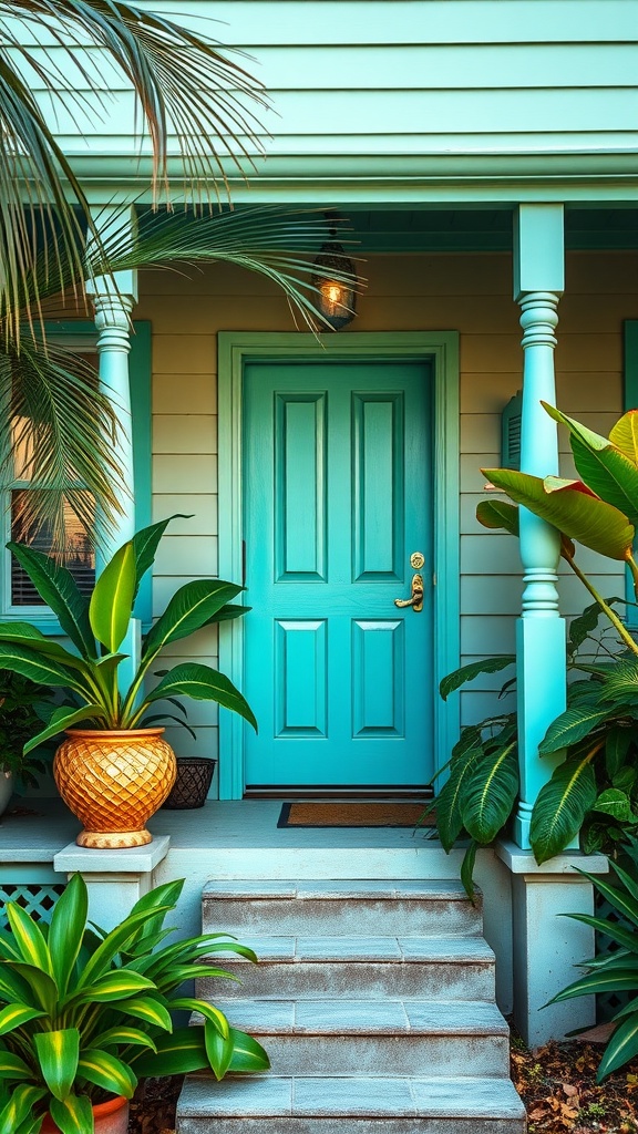 A vibrant turquoise front door with tropical plants and a sage green house.