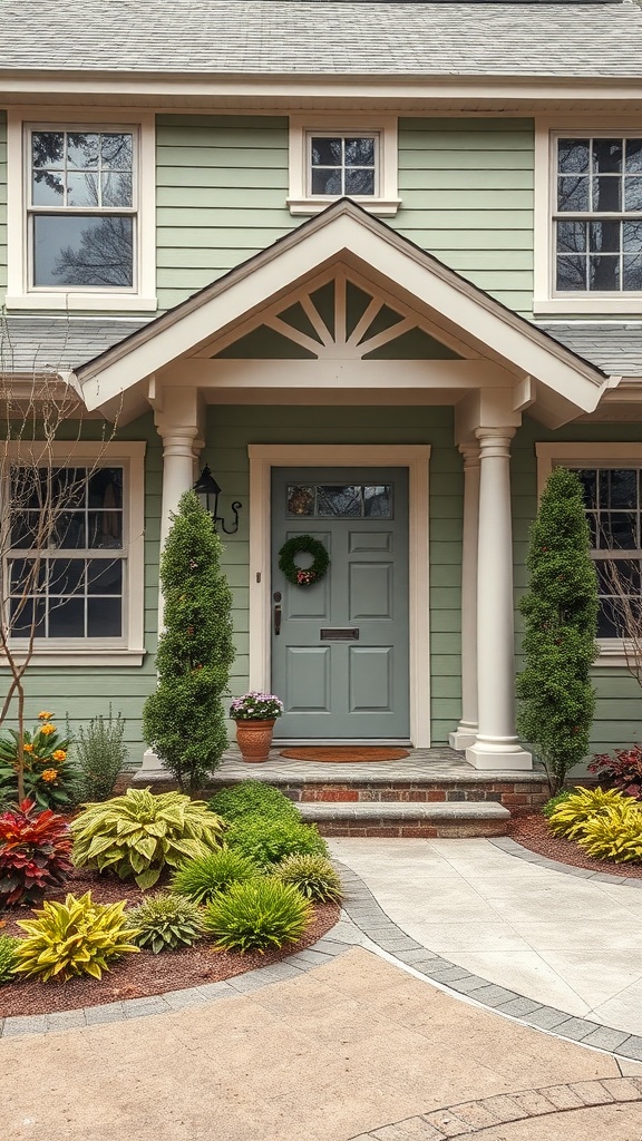 A beautiful sage green house with a warm gray front door and lush landscaping.