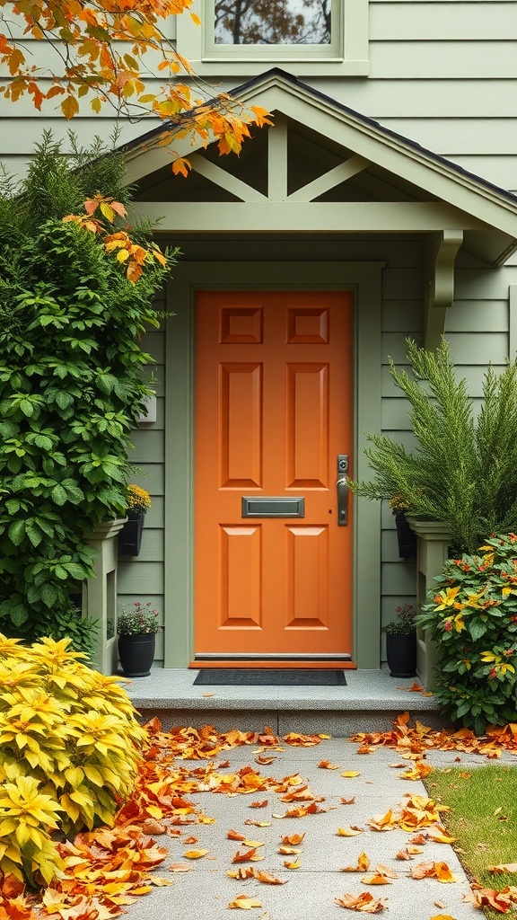 A sage green house with a warm terracotta front door, surrounded by colorful fall foliage.