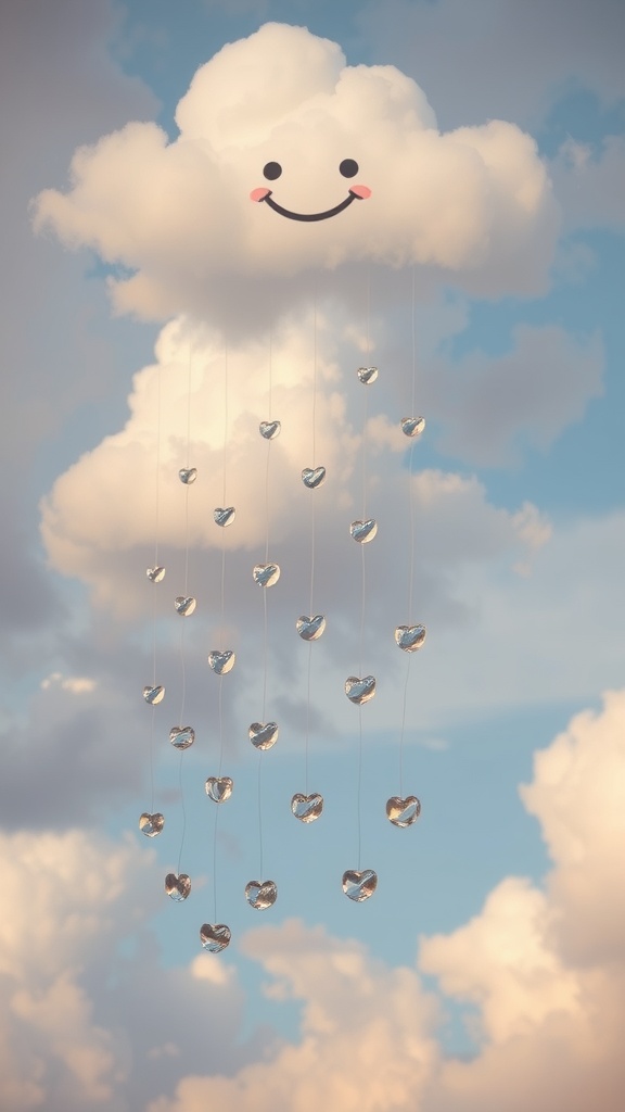 A smiling cloud with heart-shaped drops hanging from it against a blue sky.
