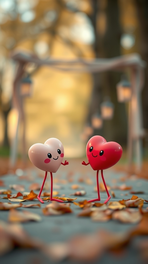 Two cute cartoon heart characters with legs standing on a path covered in autumn leaves, surrounded by soft lighting and decorative lanterns.