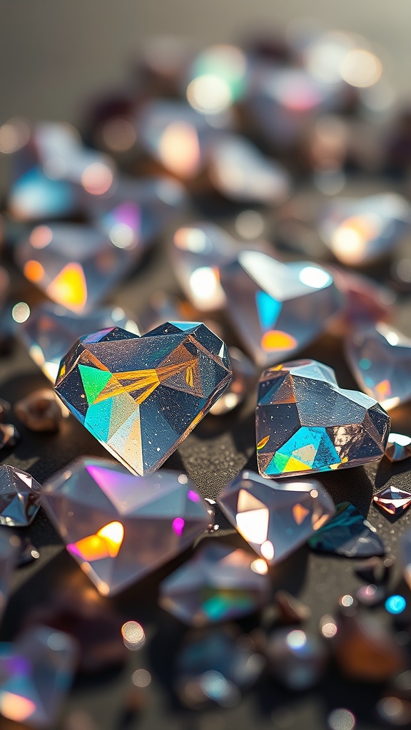 A collection of colorful crystal heart shapes sparkling in the light.
