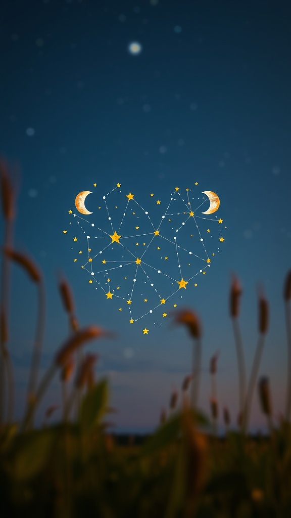 Heart-shaped constellation with stars and moons in a night sky