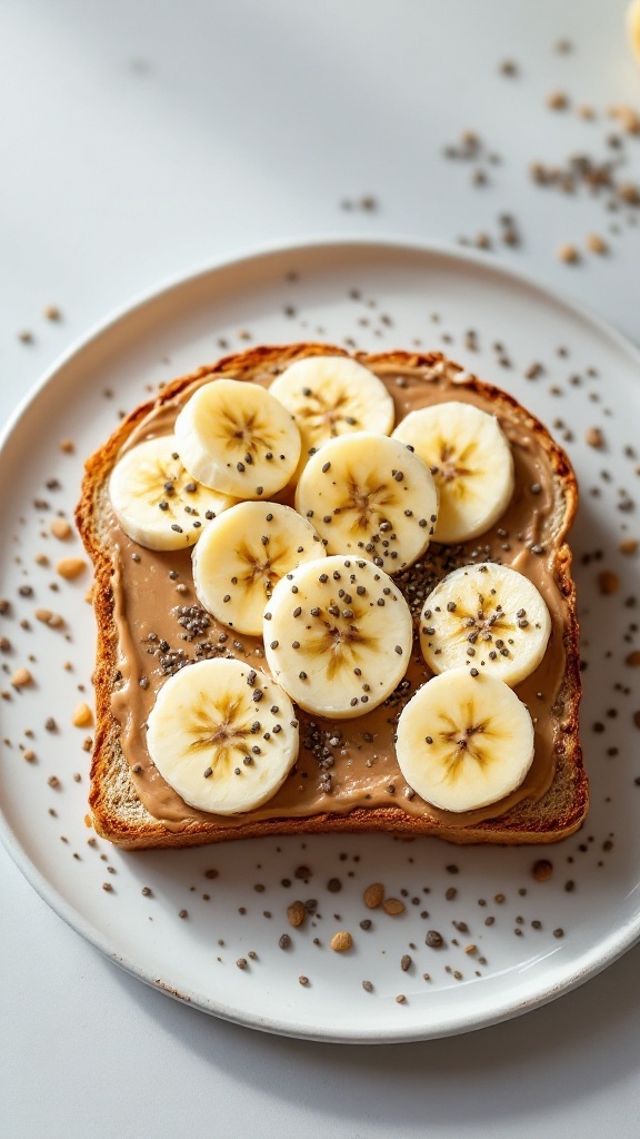 Almond butter toast topped with banana slices and chia seeds on a plate.