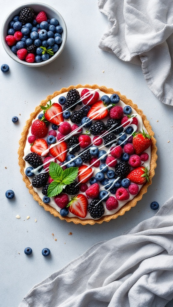 A delicious almond flour berry tart topped with strawberries, blackberries, raspberries, and blueberries.
