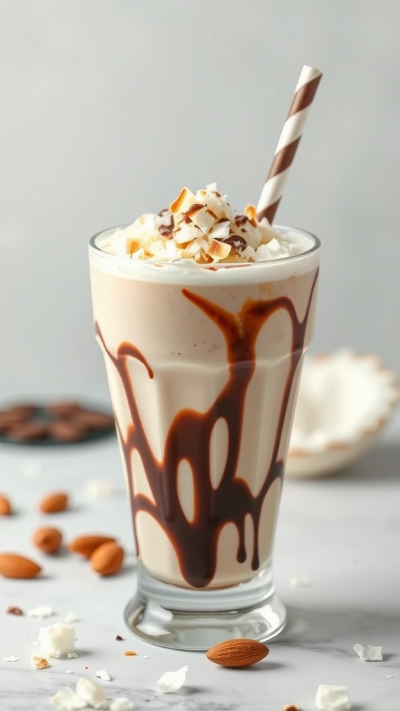 A delicious Almond Joy Bliss Drink topped with whipped cream and chocolate drizzle.