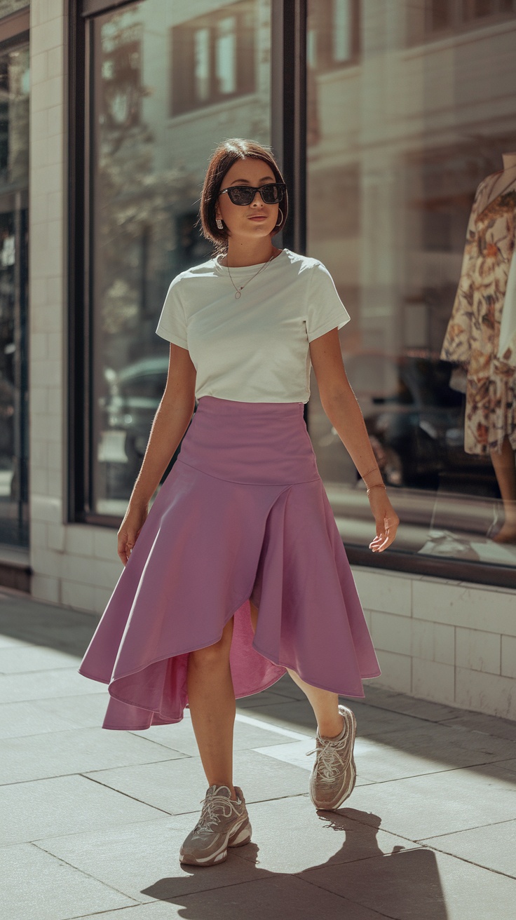 A woman walking in a stylish asymmetrical hem skirt and a tucked tee