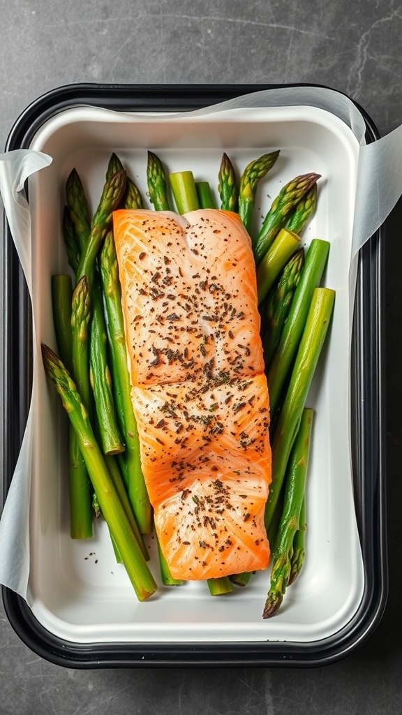 A portion of baked salmon resting on asparagus in a meal prep container.