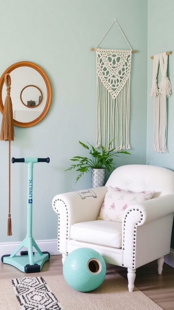 A cozy home gym balance zone featuring a vintage scale, mirror, plants, and macrame wall decor.