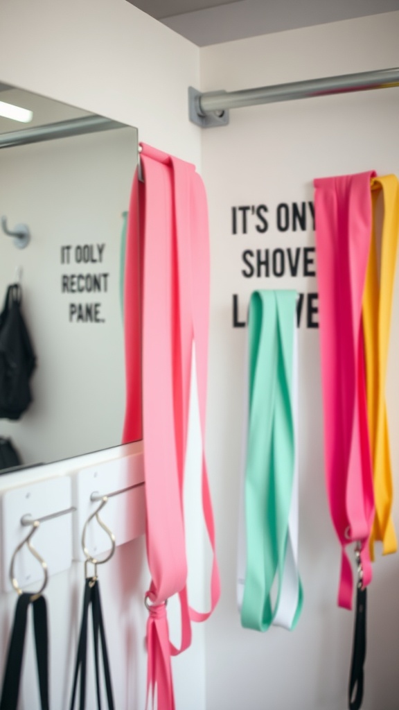 A colorful display of resistance bands hanging on a wall, with motivational quotes in the background.