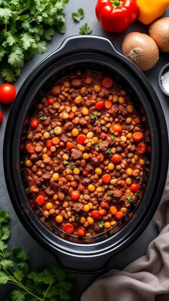 A slow cooker filled with beef and lentil chili, surrounded by fresh vegetables.