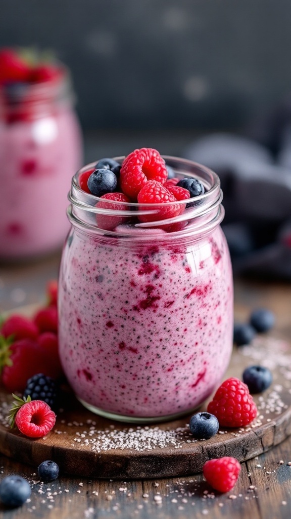 A jar of berry chia seed pudding topped with fresh raspberries and blueberries.