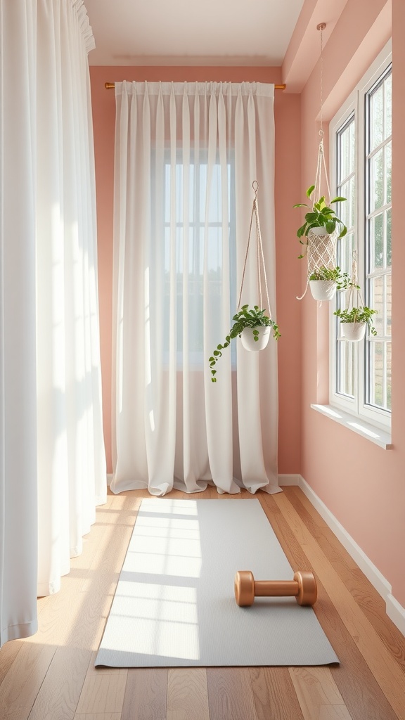 A bright corner gym with a yoga mat, dumbbell, and hanging plants.