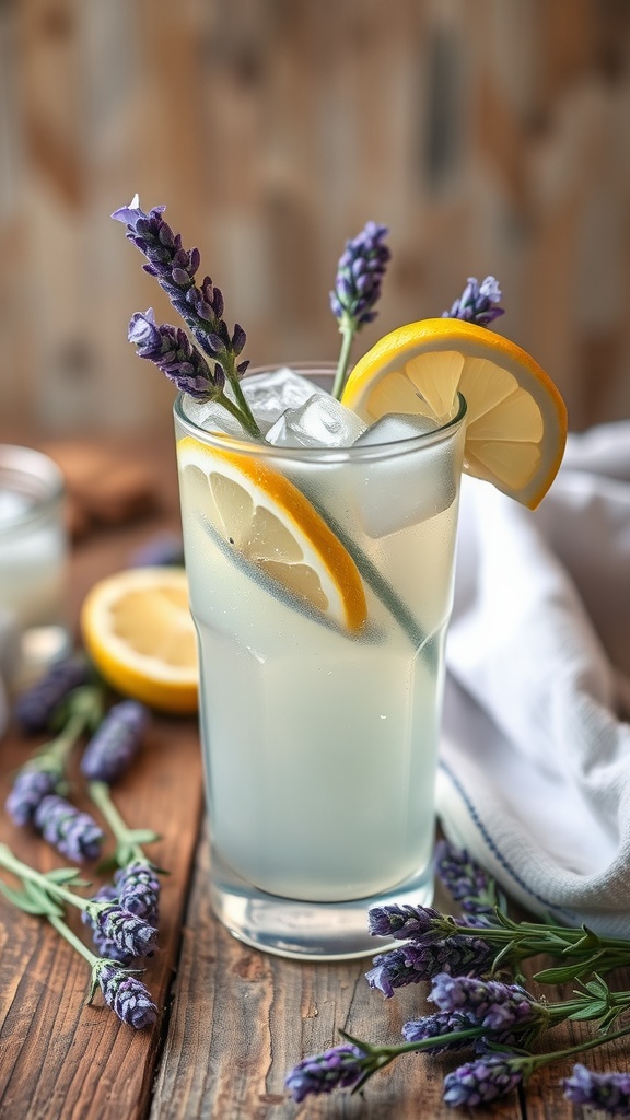 A glass of lavender lemonade garnished with lemon slices and lavender sprigs, set on a wooden table.