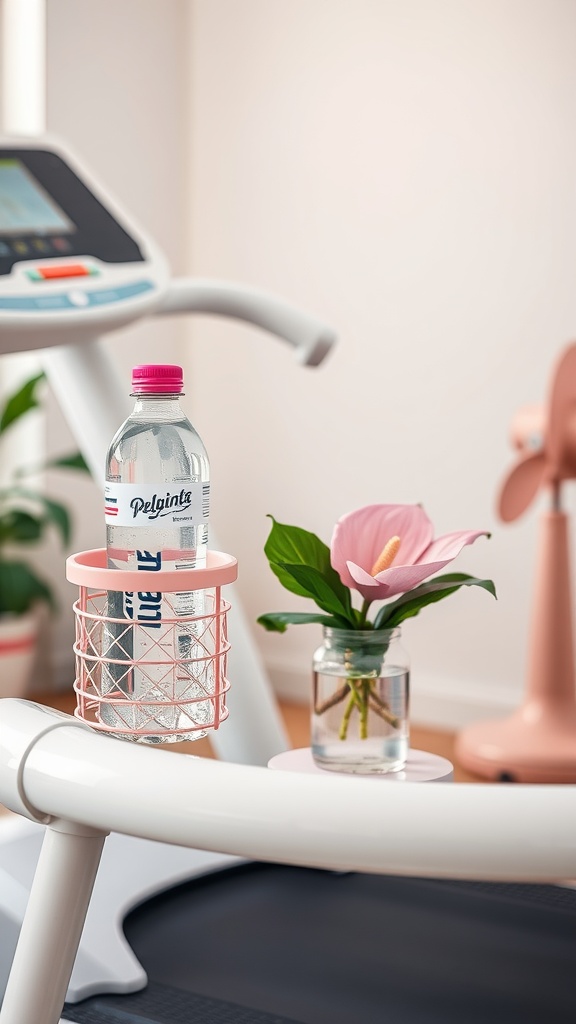 A treadmill with a water bottle and flower in a home gym setting
