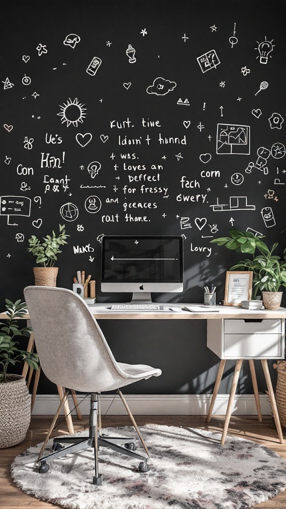 A modern home office with a chalkboard wall featuring doodles and notes
