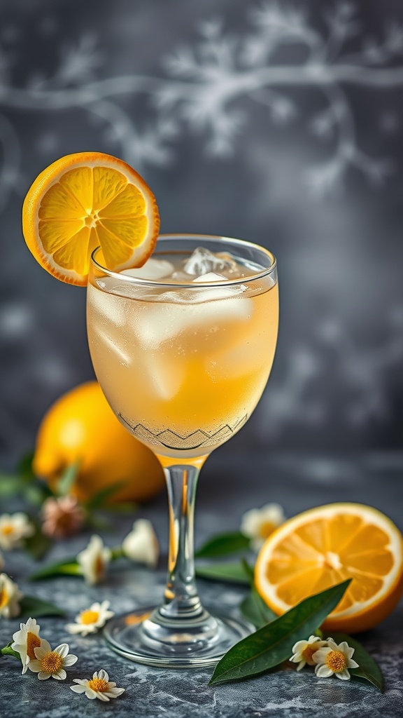 A glass of Chamomile Citrus Fizz cocktail with lemon slice and flowers around it.