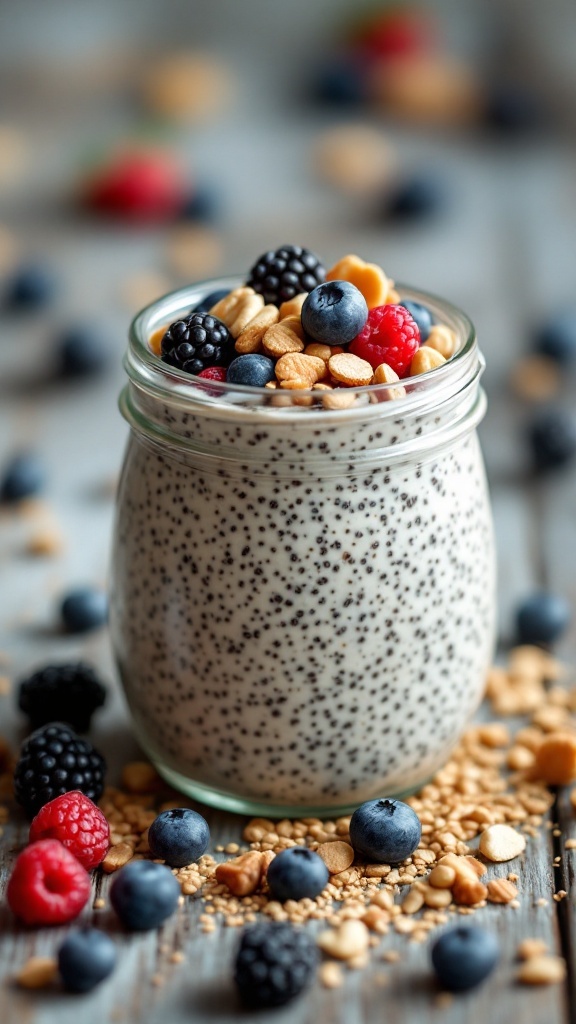 Chia seed pudding topped with nuts and berries in a jar.