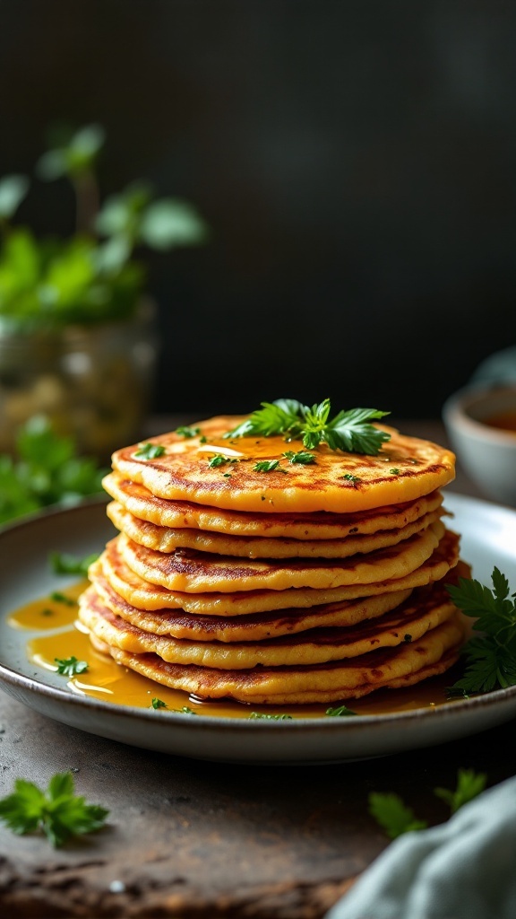 A stack of chickpea flour pancakes garnished with fresh herbs and syrup.