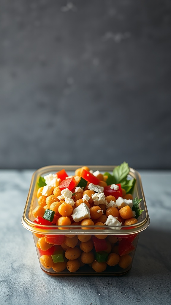 A colorful chickpea salad with feta cheese, bell peppers, and parsley.