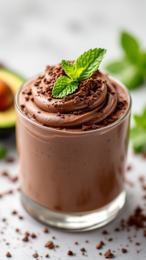 A glass of chocolate avocado mousse topped with mint leaves and chocolate shavings.