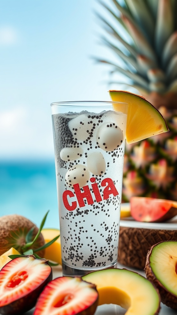 A refreshing drink made with chia seeds, coconut water, and garnished with a slice of pineapple.