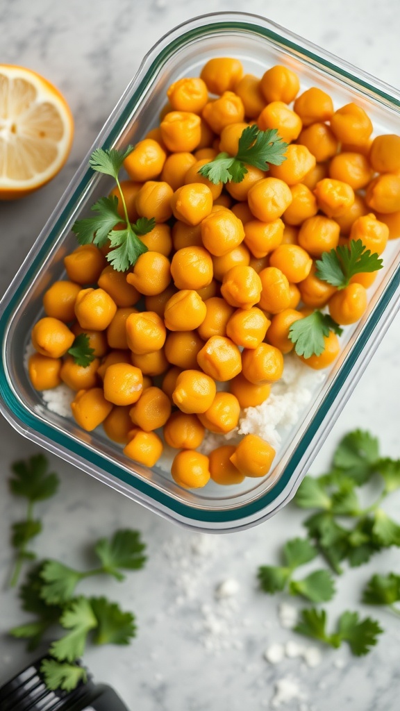 A bowl of coconut curry chickpeas garnished with cilantro, served with rice.