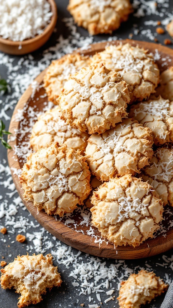 A plate of coconut flour cookies topped with shredded coconut.