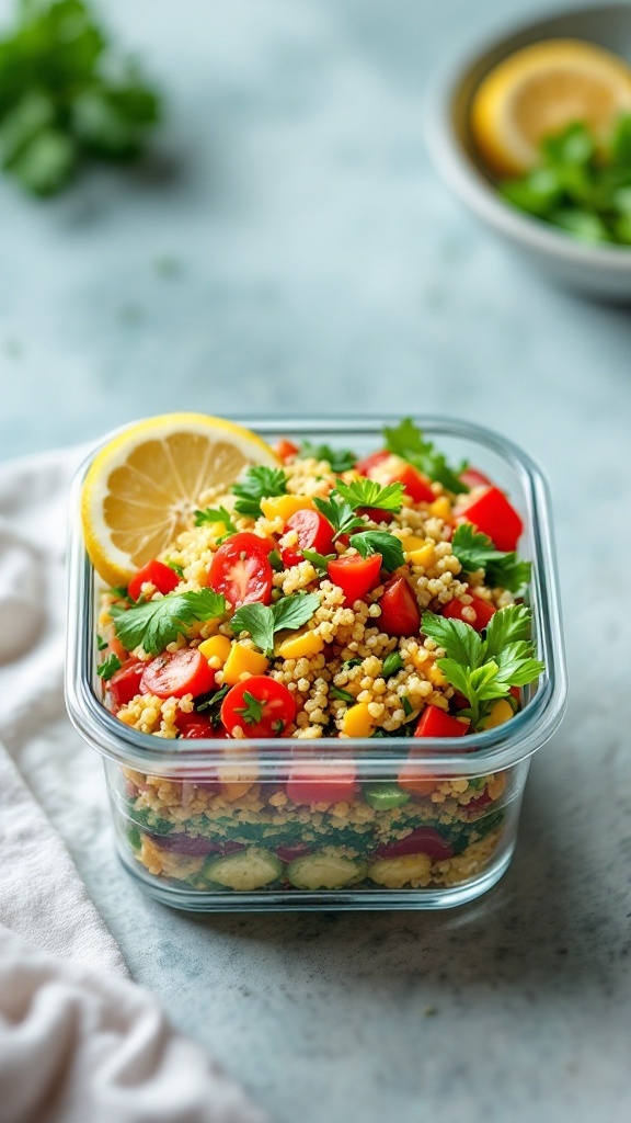 Colorful quinoa salad with tomatoes, corn, and herbs in a clear container, garnished with lemon.