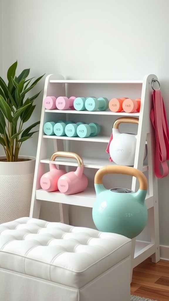 A compact weights area featuring a rack with colorful dumbbells and kettlebells, alongside a white ottoman and a potted plant.
