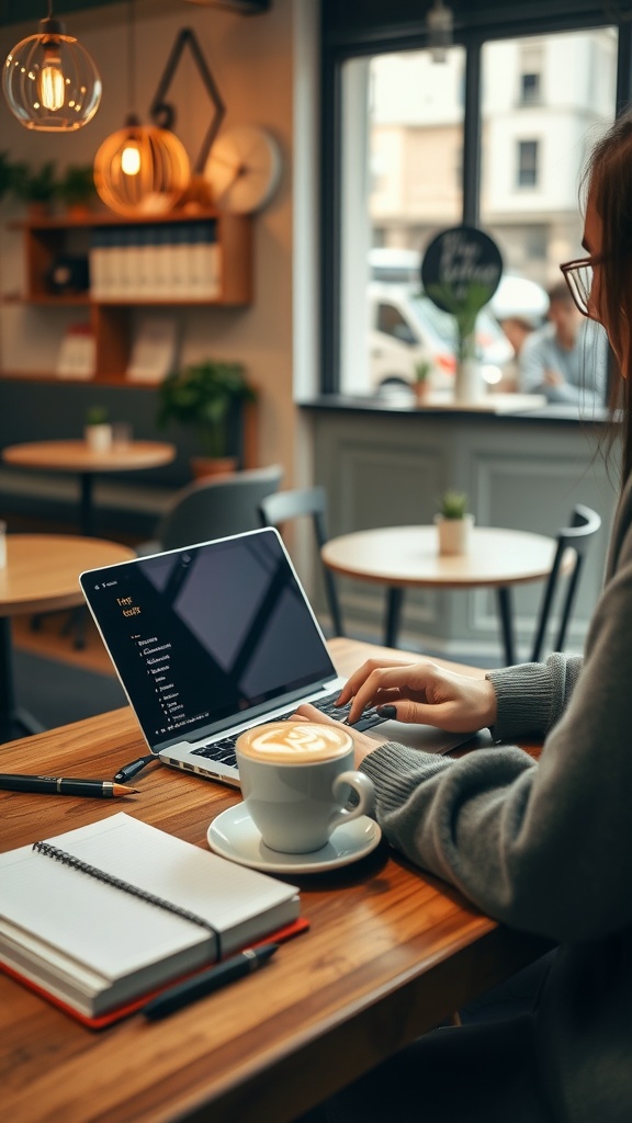 A woman typing on a laptop in a cozy cafe with a cup of coffee.