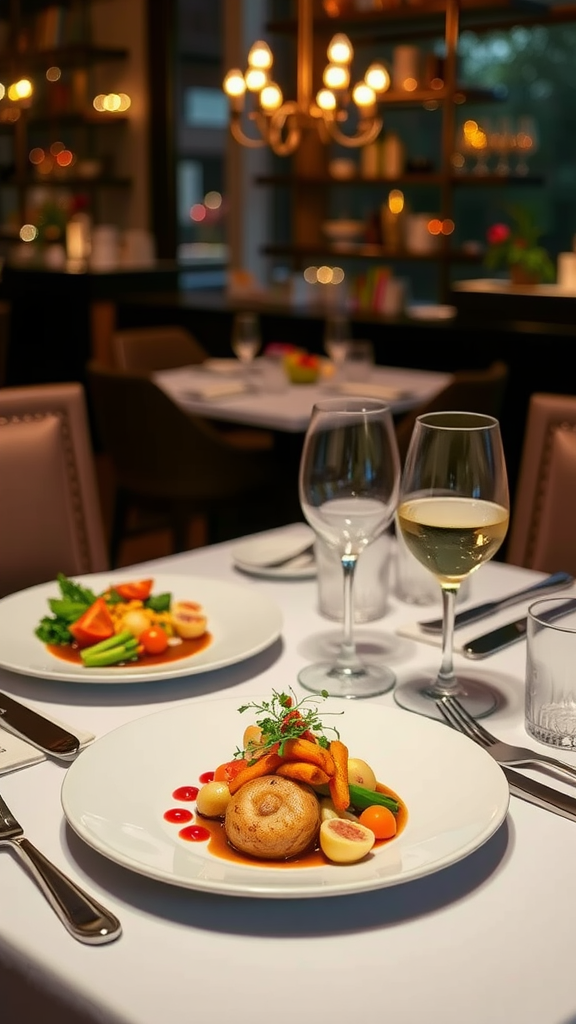 A beautifully plated meal with wine, set in a cozy dining atmosphere.