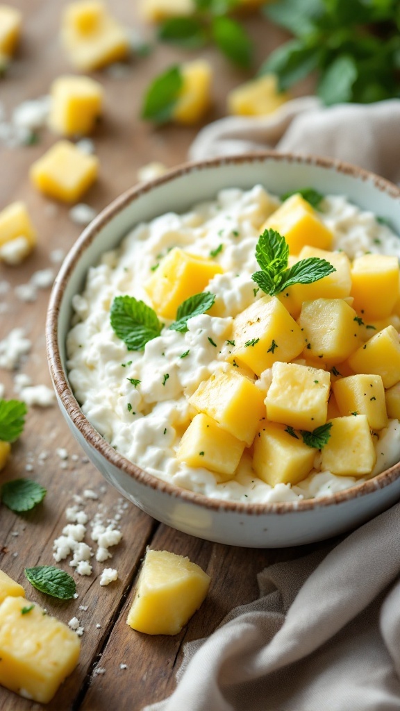 A bowl of cottage cheese topped with diced pineapple and mint leaves, showcasing a healthy breakfast option.