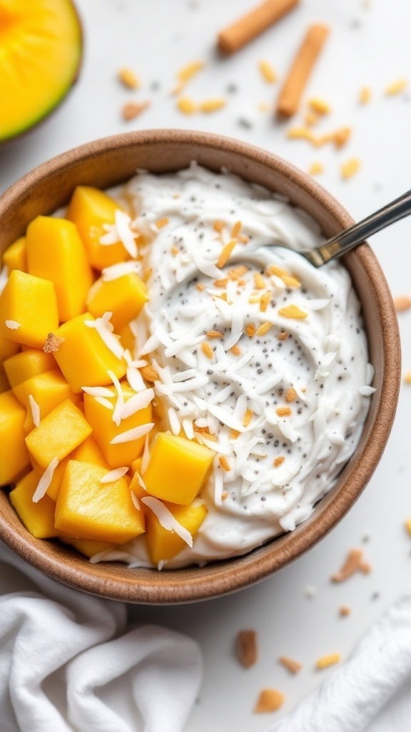A bowl of creamy coconut chia seed pudding topped with mango and shredded coconut.