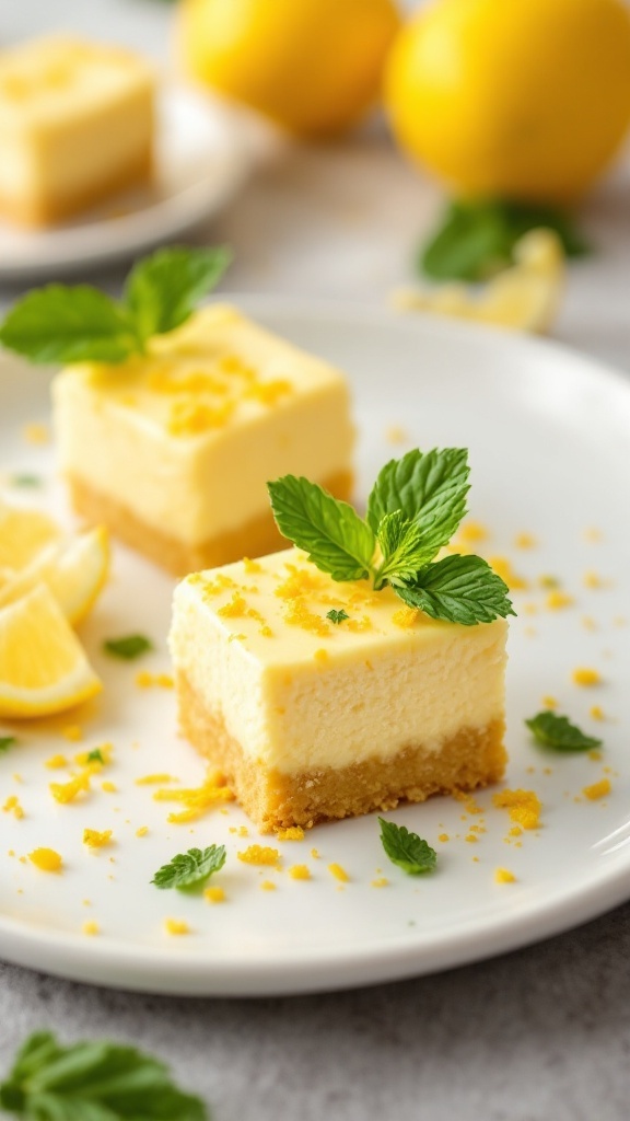 Creamy lemon cheesecake bites garnished with mint leaves and lemon zest