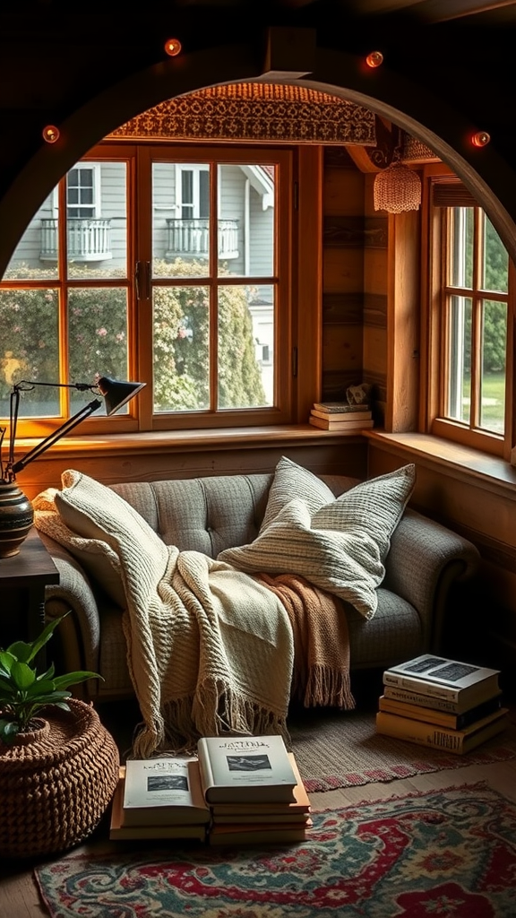 A cozy reading nook with blankets, pillows, and books.