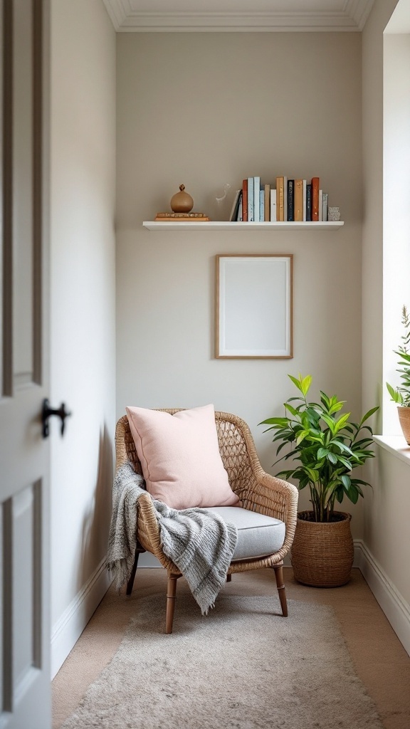 A cozy reading nook with a chair, blanket, and books on a shelf.
